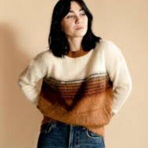 FRNCH Paris Women Sweaters Pullovers Striped Cream Brown Mohair Blend Size S/M